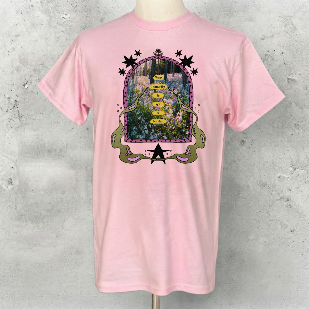 Your Humanity Is Not A Burden Forest Scene Stars Wavy Vines Pastel Pink T-Shirt